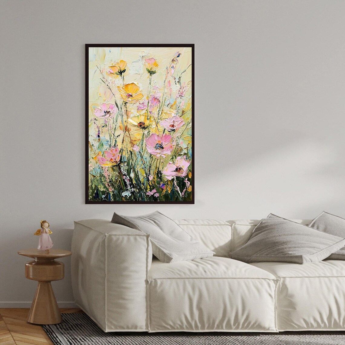 Yellow Pink Wildflowers Blooming on Pale Impasto Floral Wall Art - Image 4