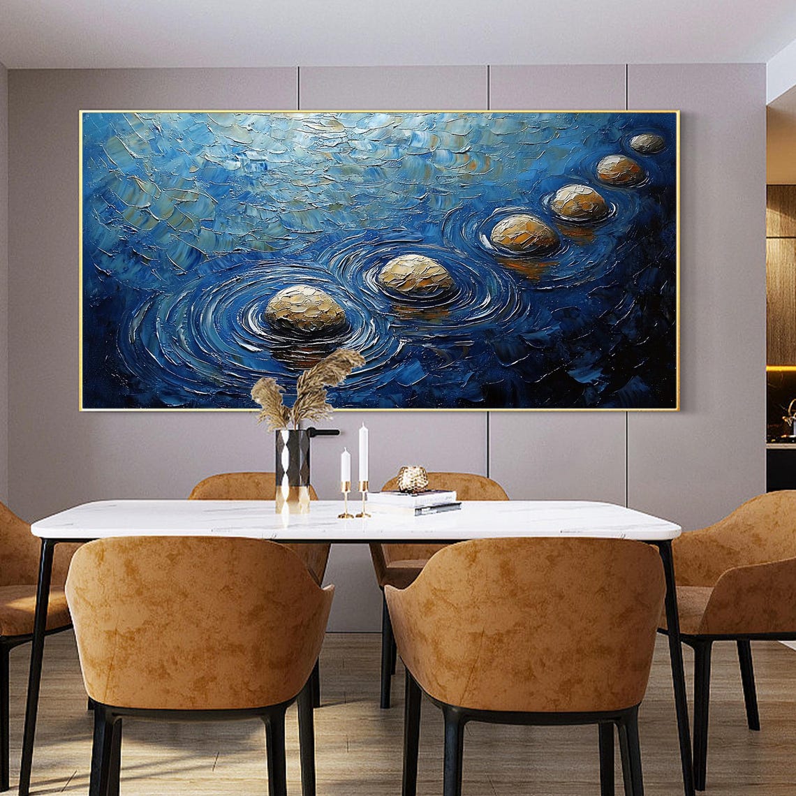 Five Smooth Golden Stones Crossing Dark Blue Water In An Arc Poster - Image 4