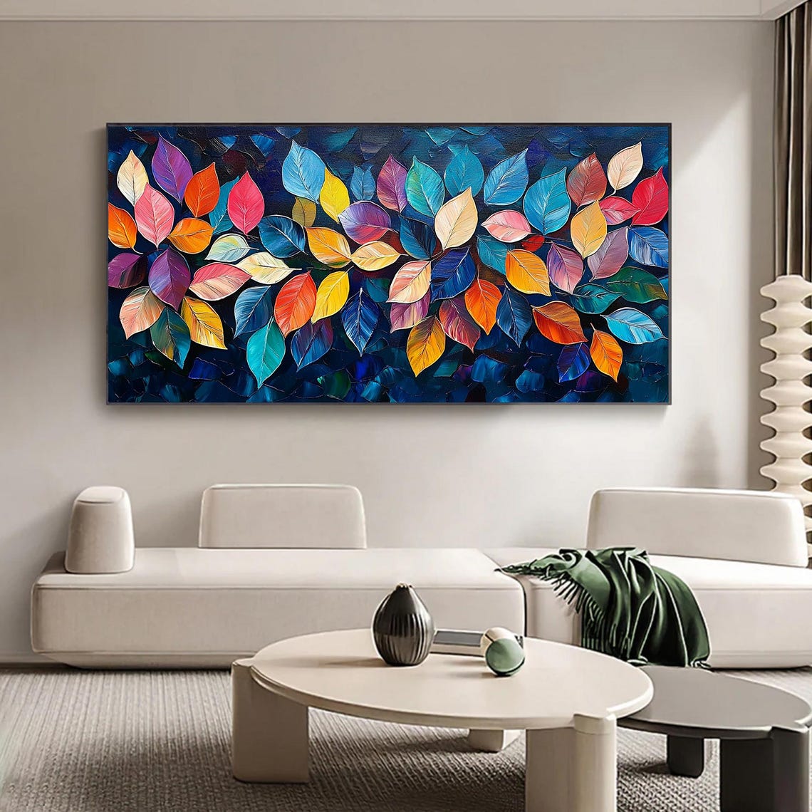 Vibrant Rainbow Leaves Cluster on Dark Blue Abstract Wall Art - Image 5