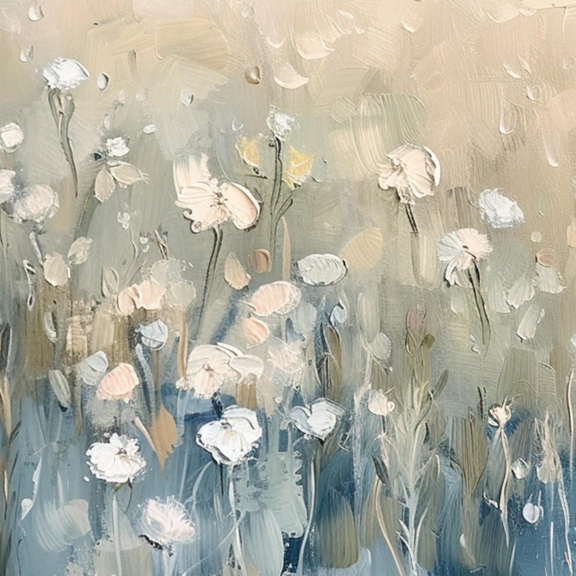 Soft White Wildflowers Field on Muted Beige Minimalist Floral Wall Art - Image 3