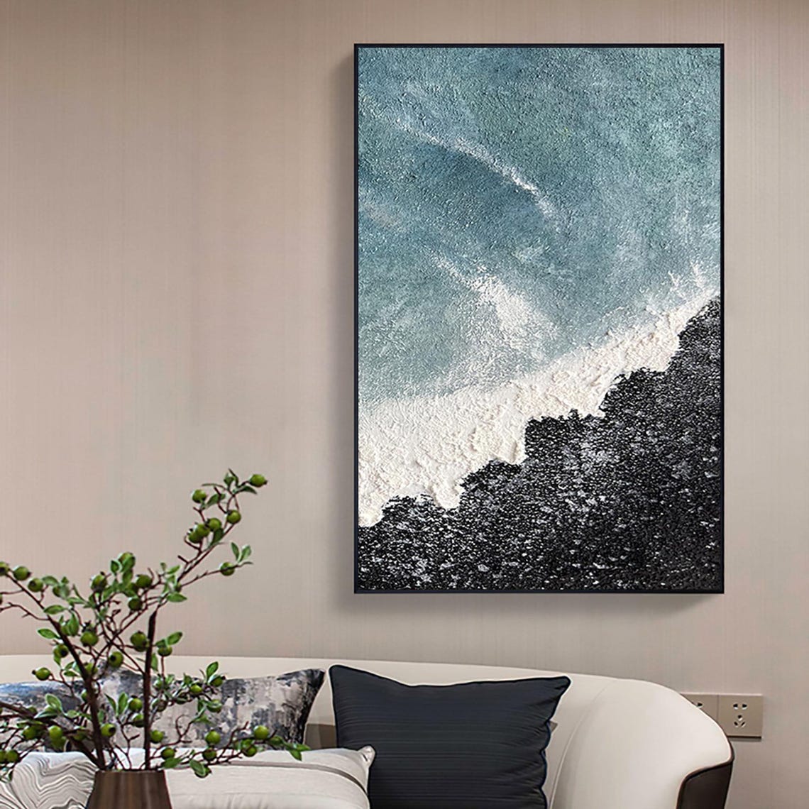Stunning Aerial Ocean Wave Over Black Sand Beach Textured Wall Art - Image 2
