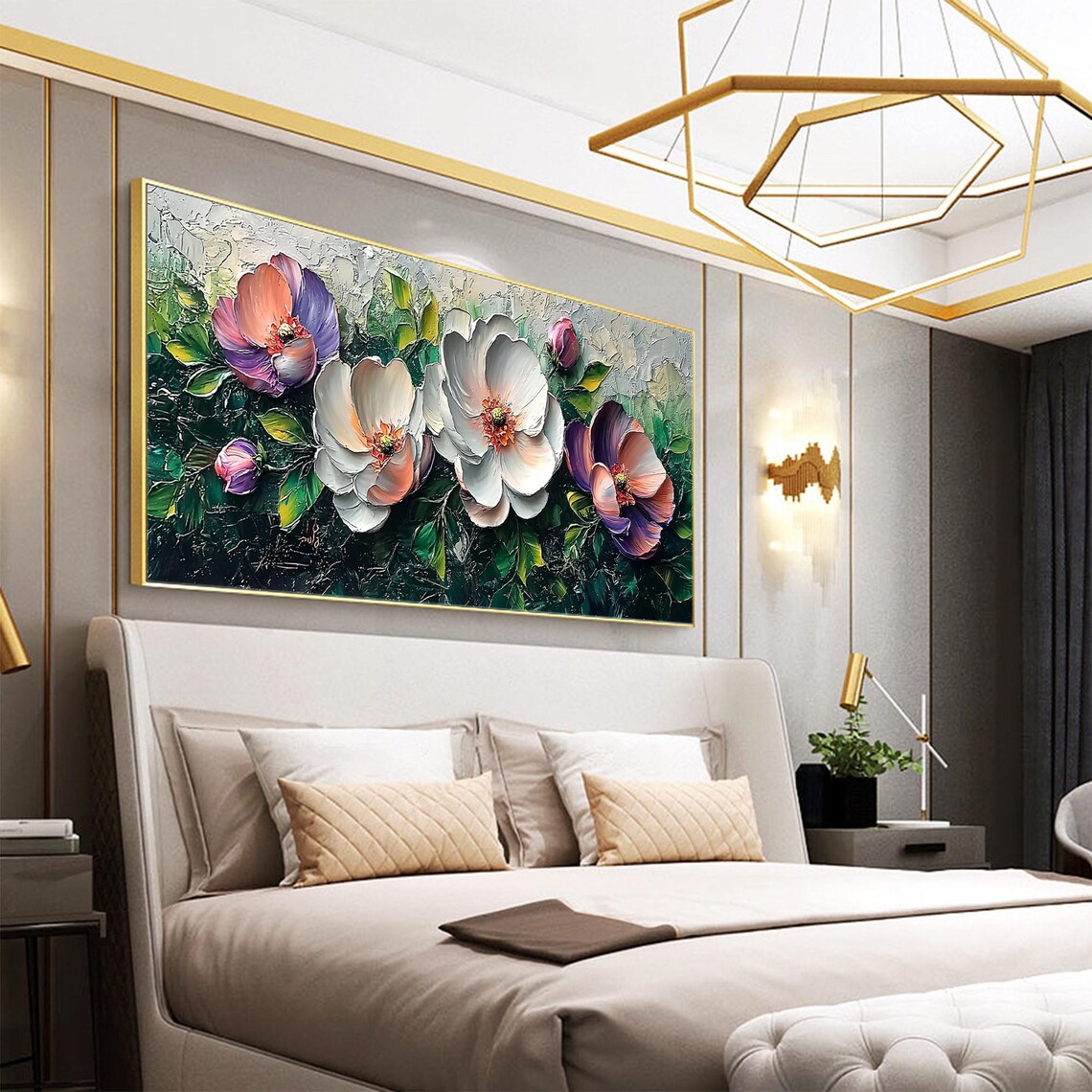 White Pink Purple Blooms Among Dark Green Leaves Floral Wall Art - Image 4