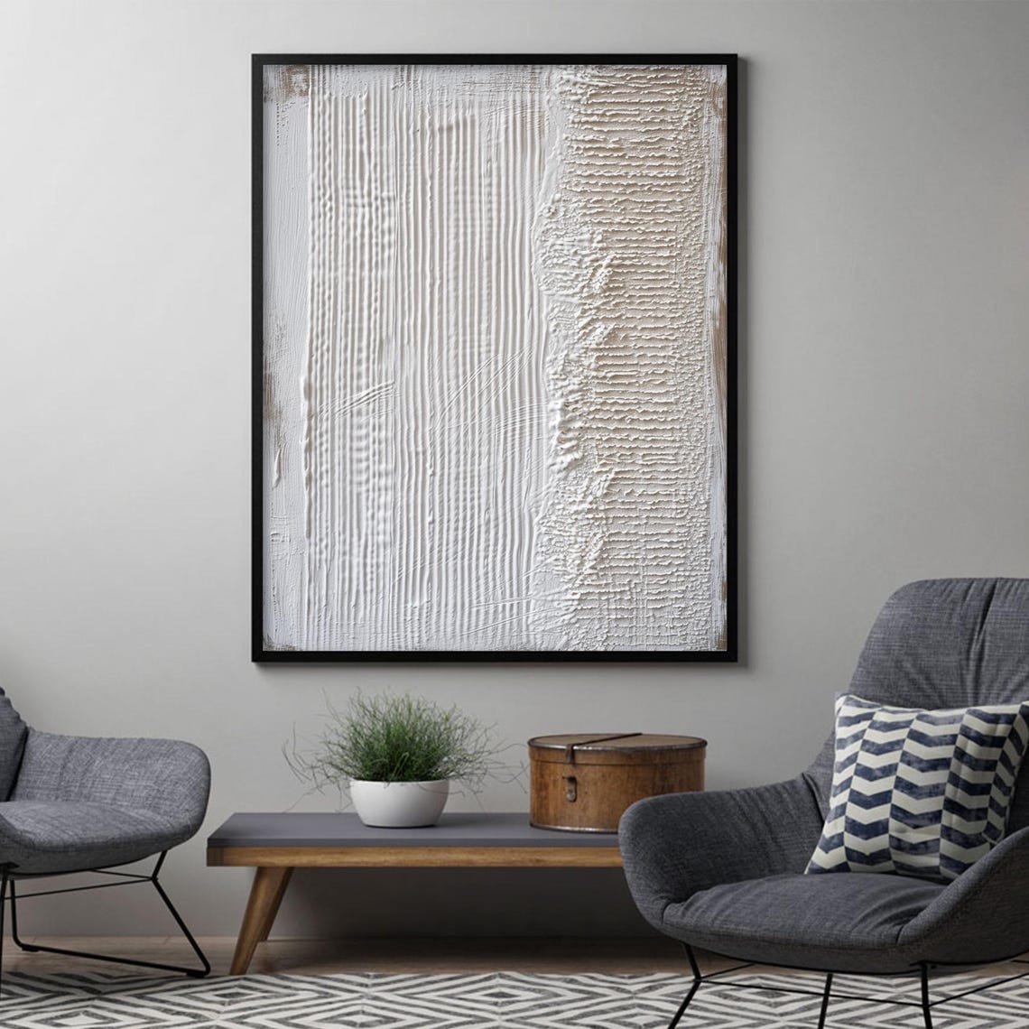 Minimalist White Beige Ridged Plaster Texture Abstract Wall Art - Image 4