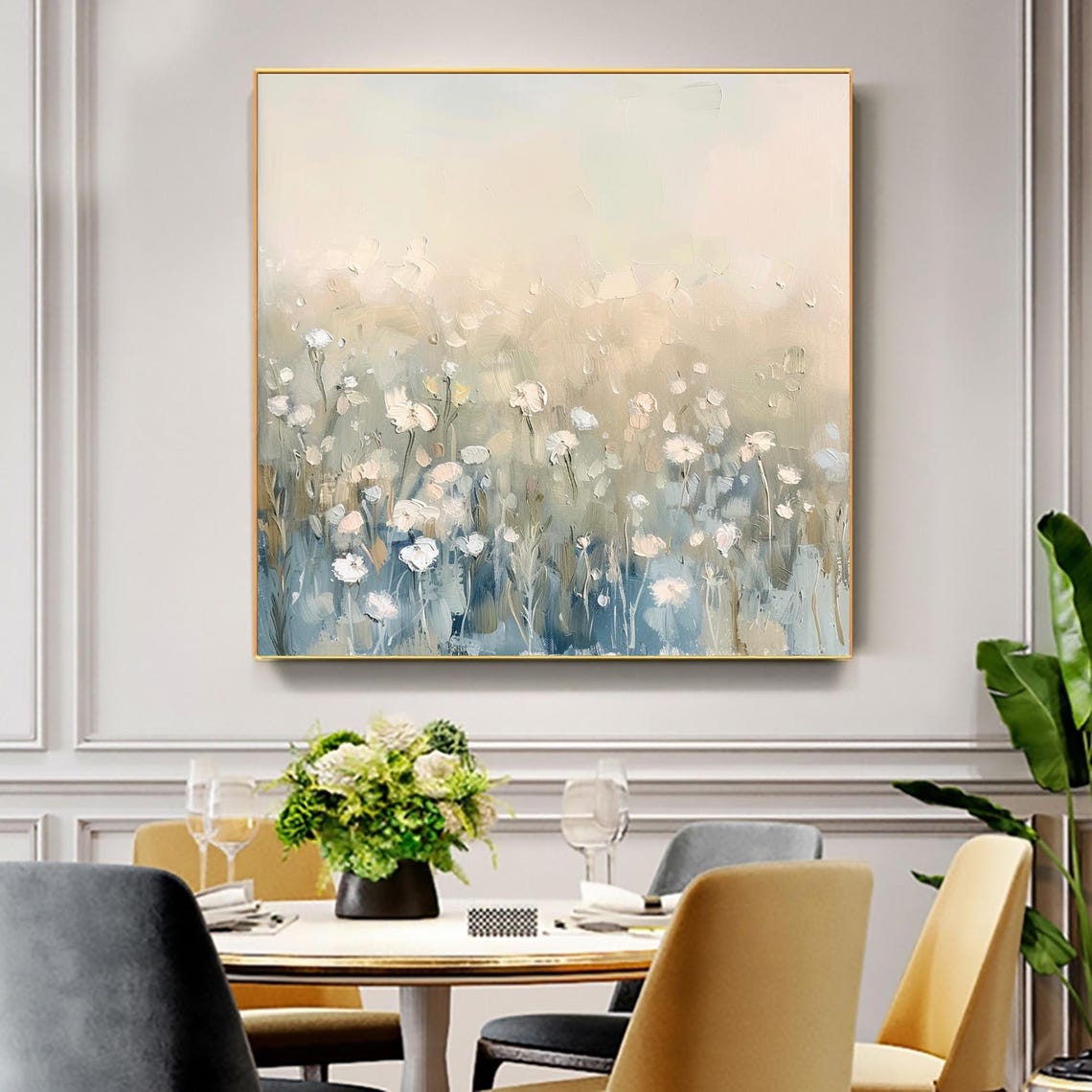 Soft White Wildflowers Field on Muted Beige Minimalist Floral Wall Art - Image 2
