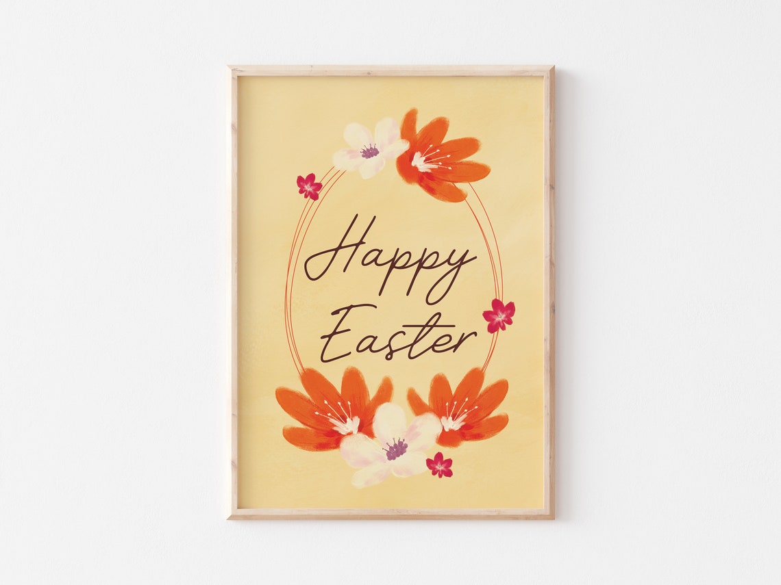 Happy Easter Calligraphy Script Orange Floral Wreath Yellow Wall Art