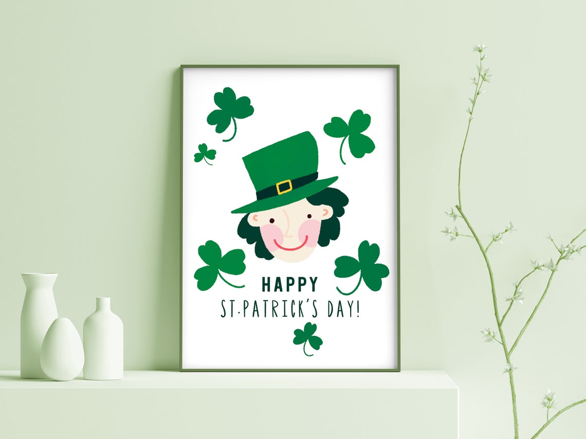 Happy St Patrick's Day Smiling Leprechaun Green Hat Shamrock Wall Art - Image 2