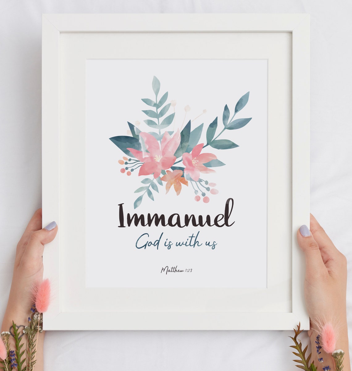 Immanuel God Is With Us Bible Verse Wall Art Flowers Illustration Matthew 123 Instant Bible Verse Print - Image 2
