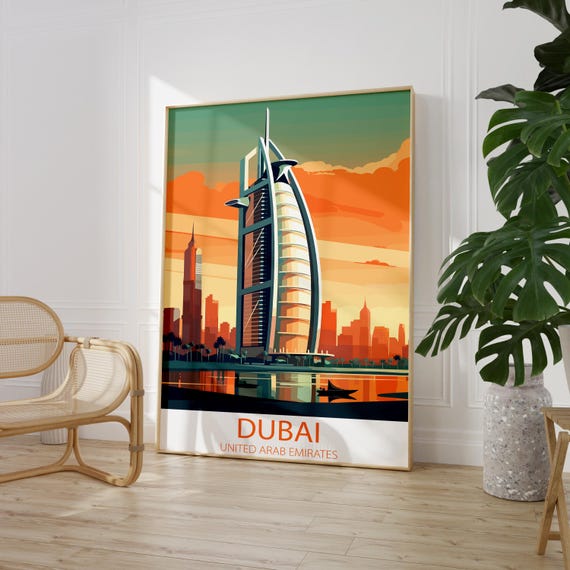 Dubai Uae Travel Poster Print Burj Al Arab Skyline Wall Art Vintage Modern City Decor Multiple Sizes Available