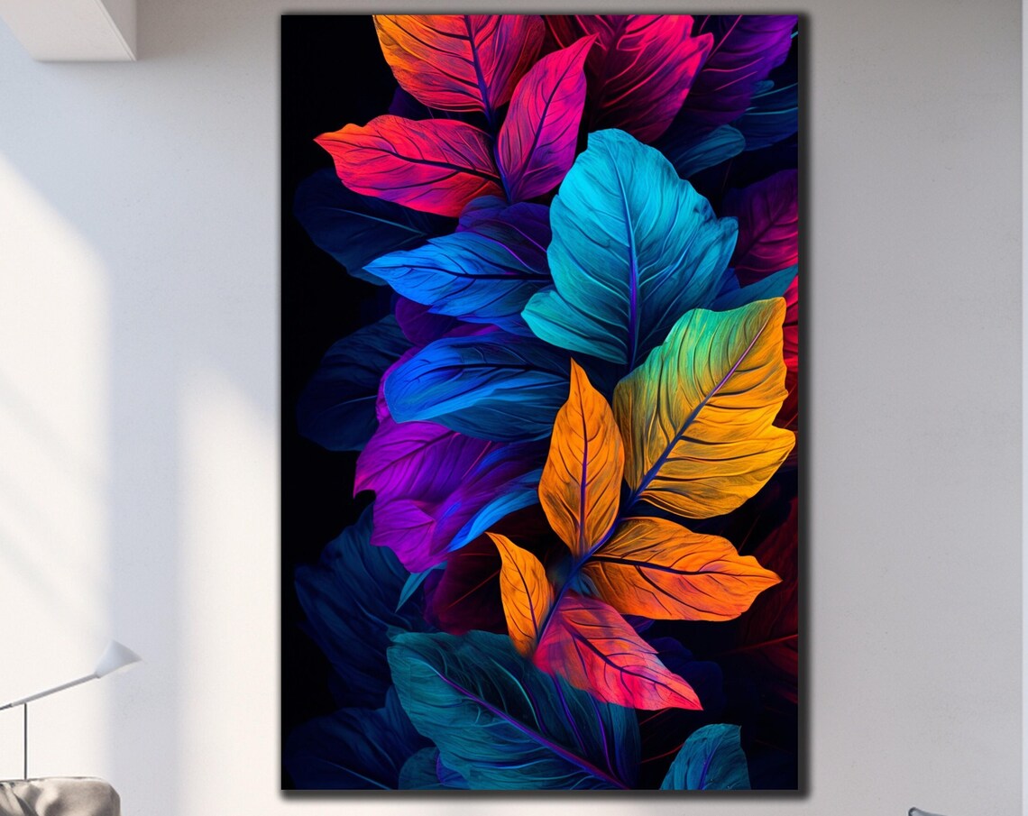 Colorful Neon Leaf Stained Glass Art Black Background Botanical Poster