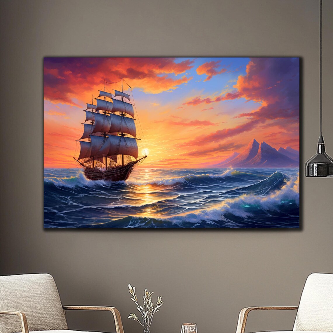 Sailing Ship Sunset Purple Mountains Ocean Waves Seascape Poster