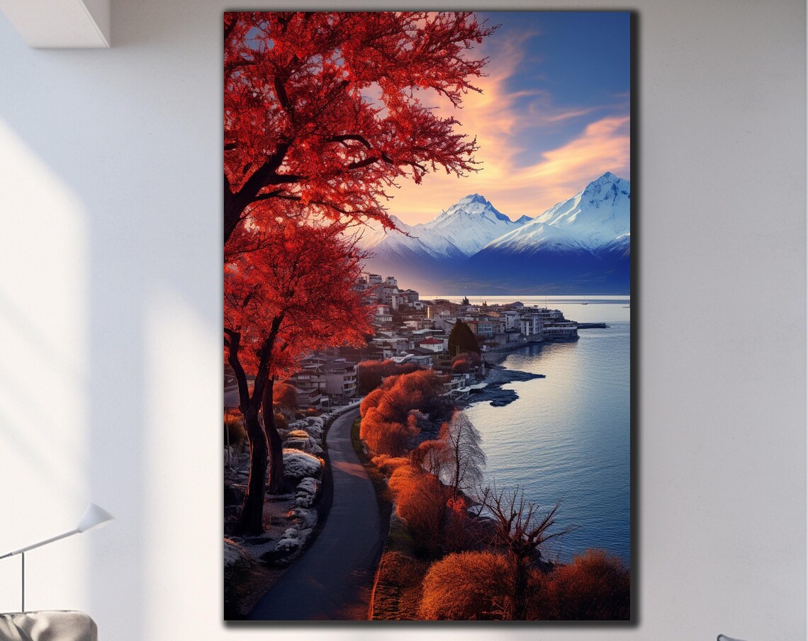 Alpine Lake Town Autumn Red Trees Snow Peaks Sunset Travel Poster