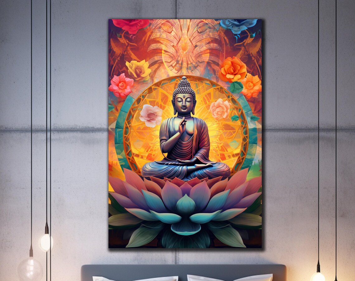 Buddha Meditating Lotus Mandala Golden Halo Zen Wall Art Poster