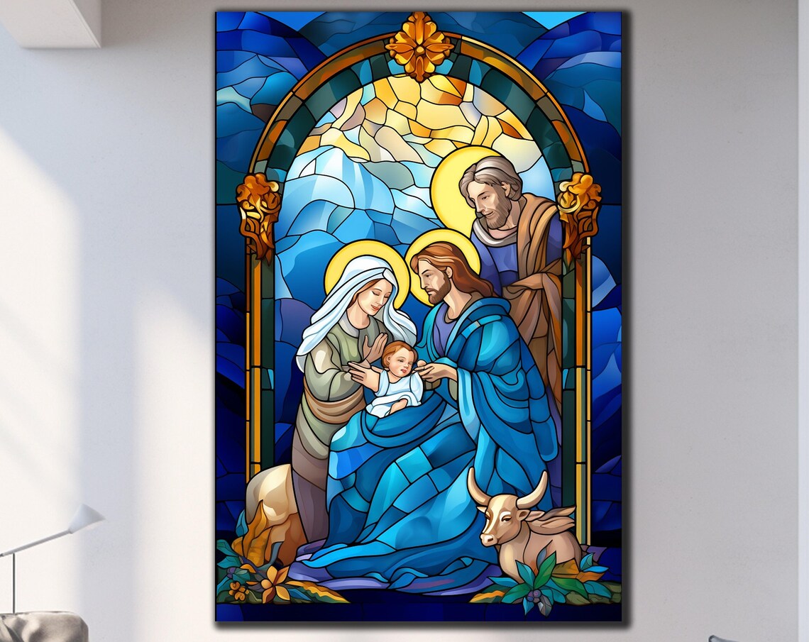 Holy Family Nativity Stained Glass Art Christmas Wall Decor Poster