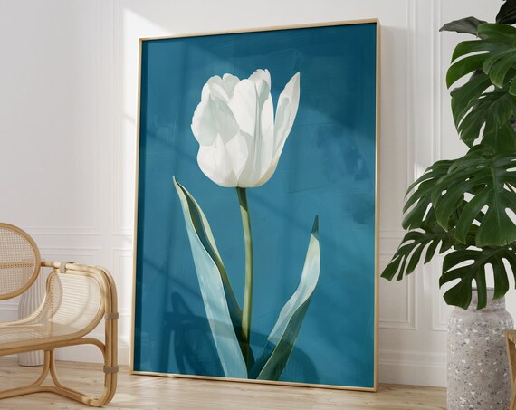 White Tulip Teal Background Hand Painted Botanical Flower Poster