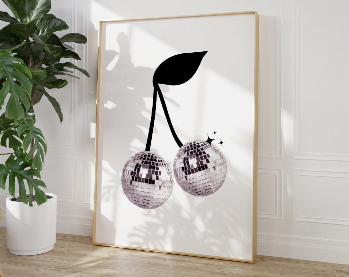 Disco Ball Cherries Poster Retro Party Funky Sparkle Trendy Decor - Image 3