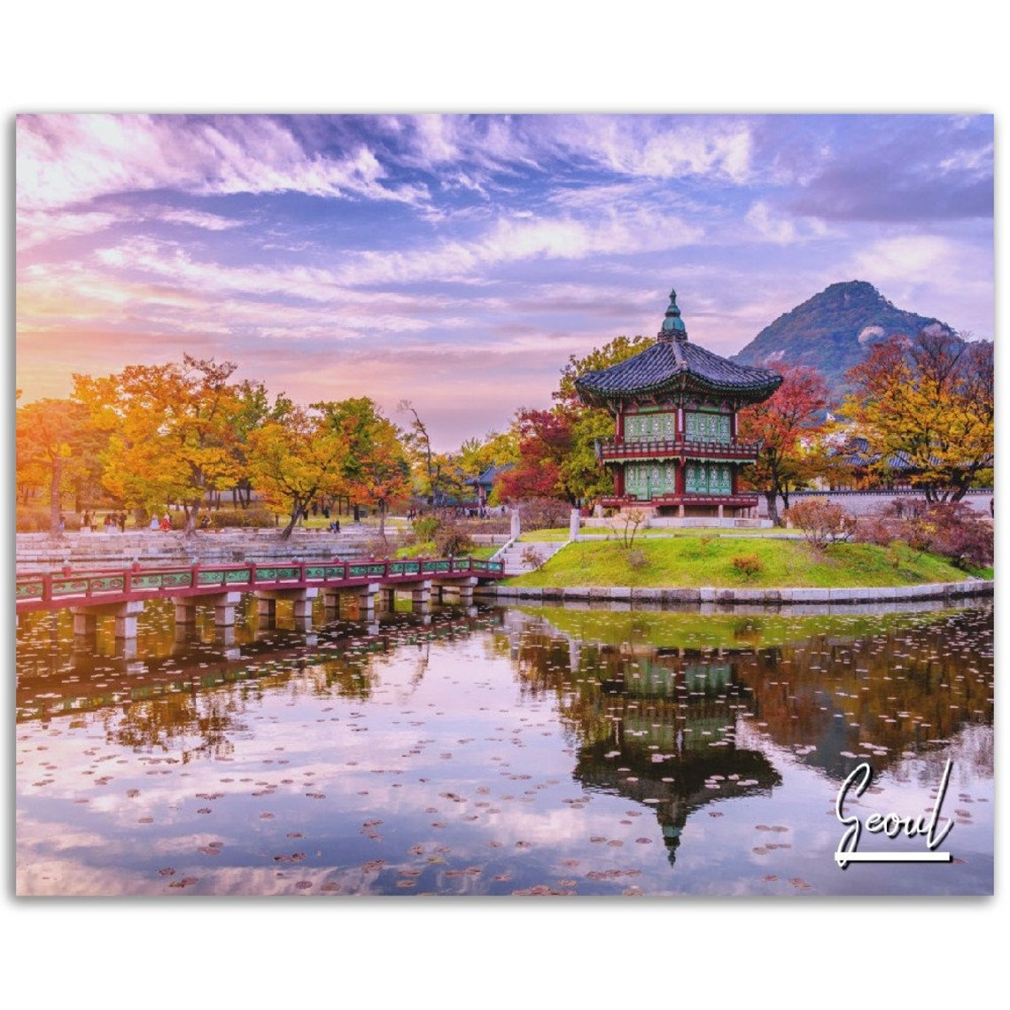 Seoul South Korea Autumn Pavilion Lake Reflection Garden Poster