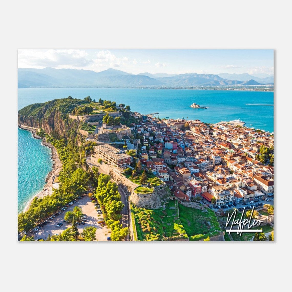 Nafplio Greece Aerial Coastline Bourtzi Fortress Travel Poster