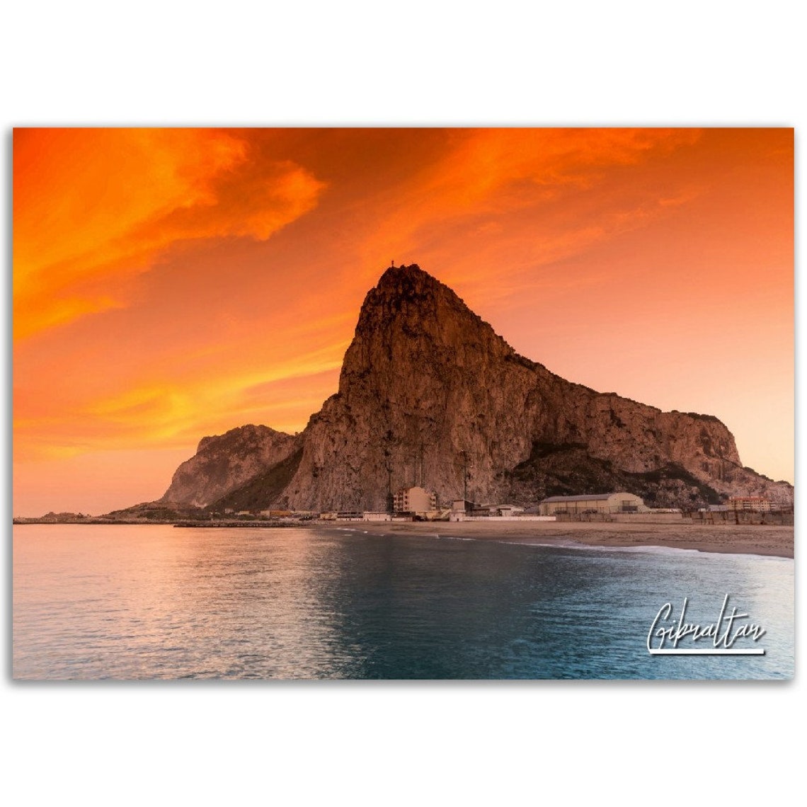 Gibraltar Rock Dramatic Orange Sunset Beach Scene Travel Poster