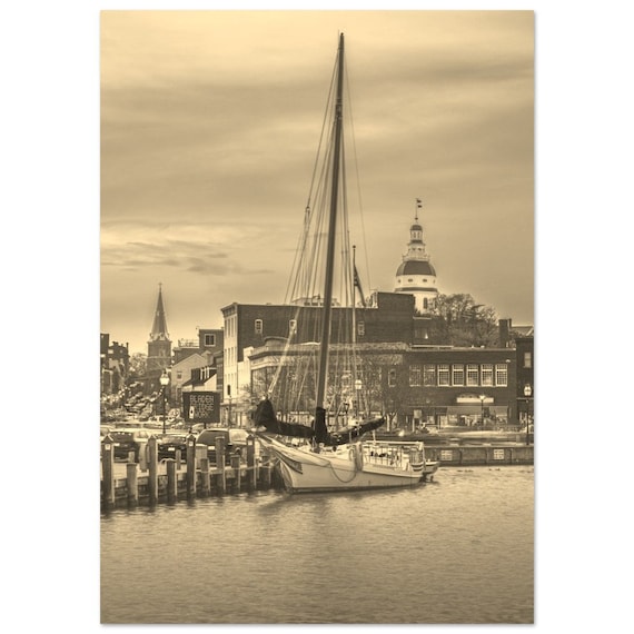 Vintage Sepia Annapolis Harbor Sailboat Dock Scene Coastal Poster