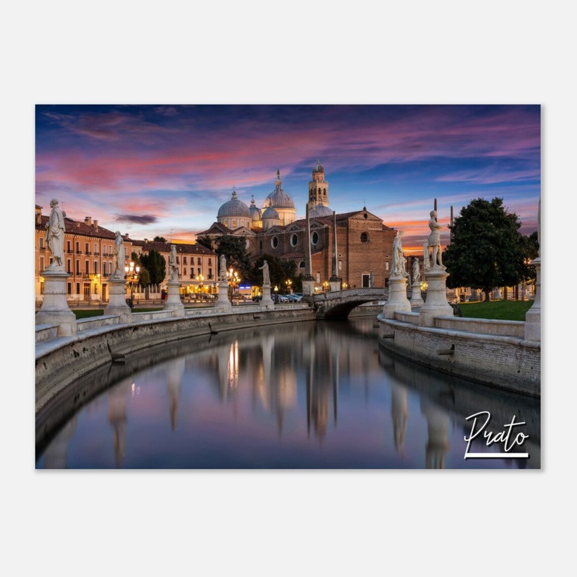 Prato Italy Canal Square Sunset Statues Basilica Travel Poster