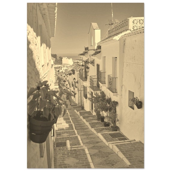 Vintage Mijas Spain Print Sepia Cityscape Travel Poster
