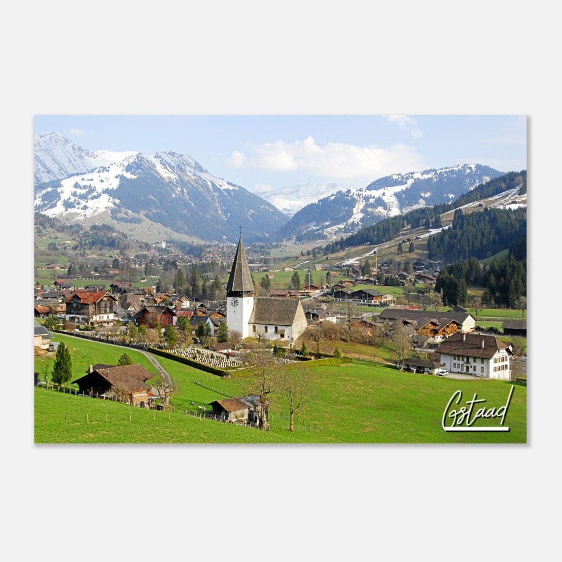 Gstaad Switzerland Alpine Village Church Snowy Mountain Poster