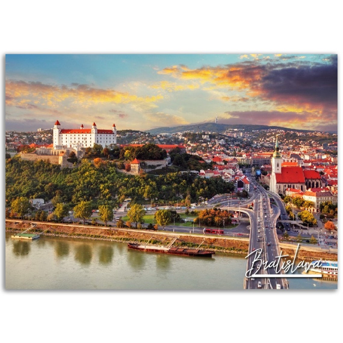 Bratislava Slovakia Castle Sunset River Bridge Cityscape Poster
