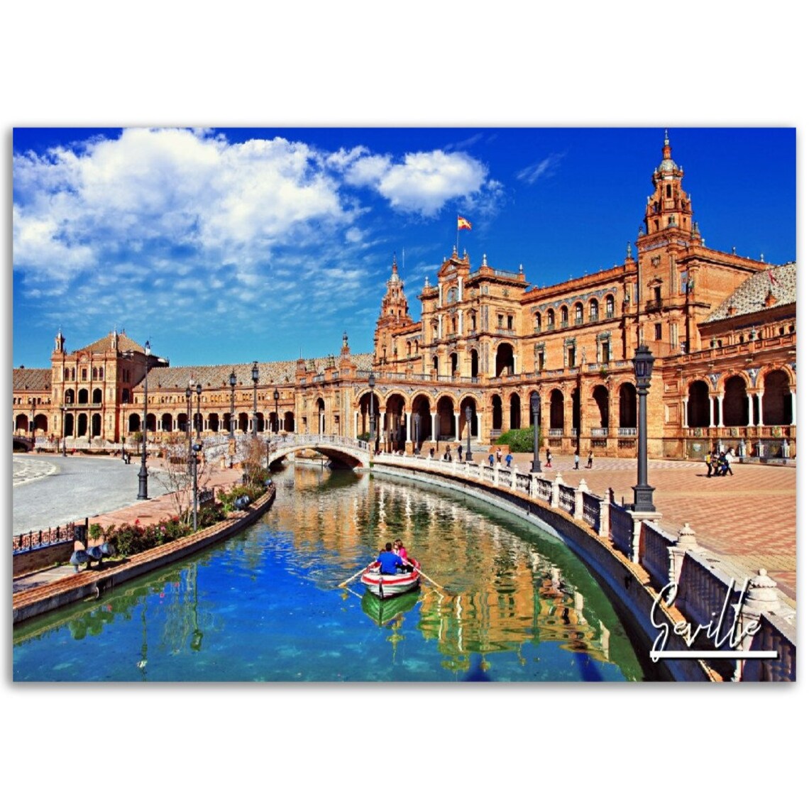 Seville Spain Plaza de Espana Canal Boat Landmark Travel Poster