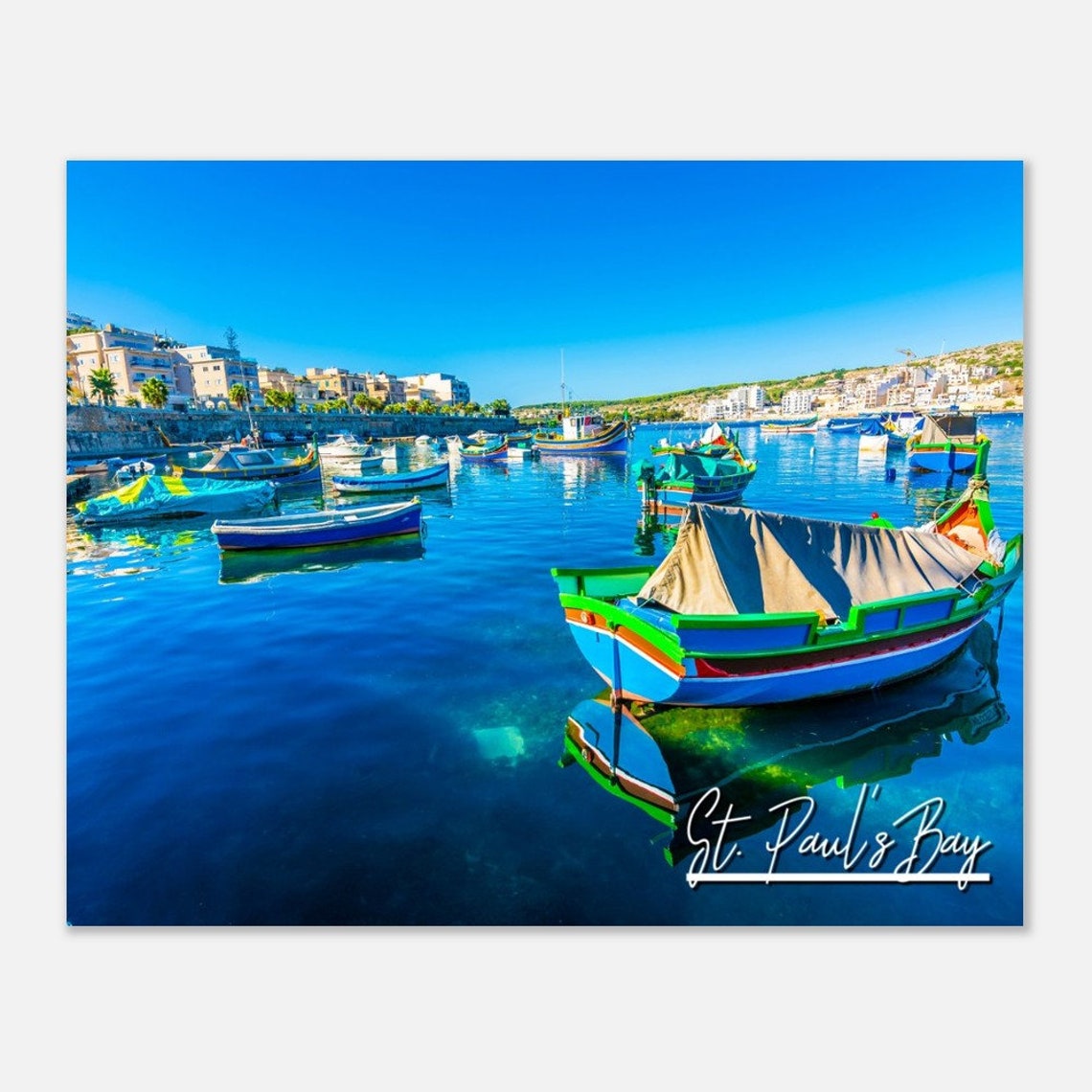 Saint Paul's Bay Malta Colorful Luzzu Boats Harbor Travel Poster