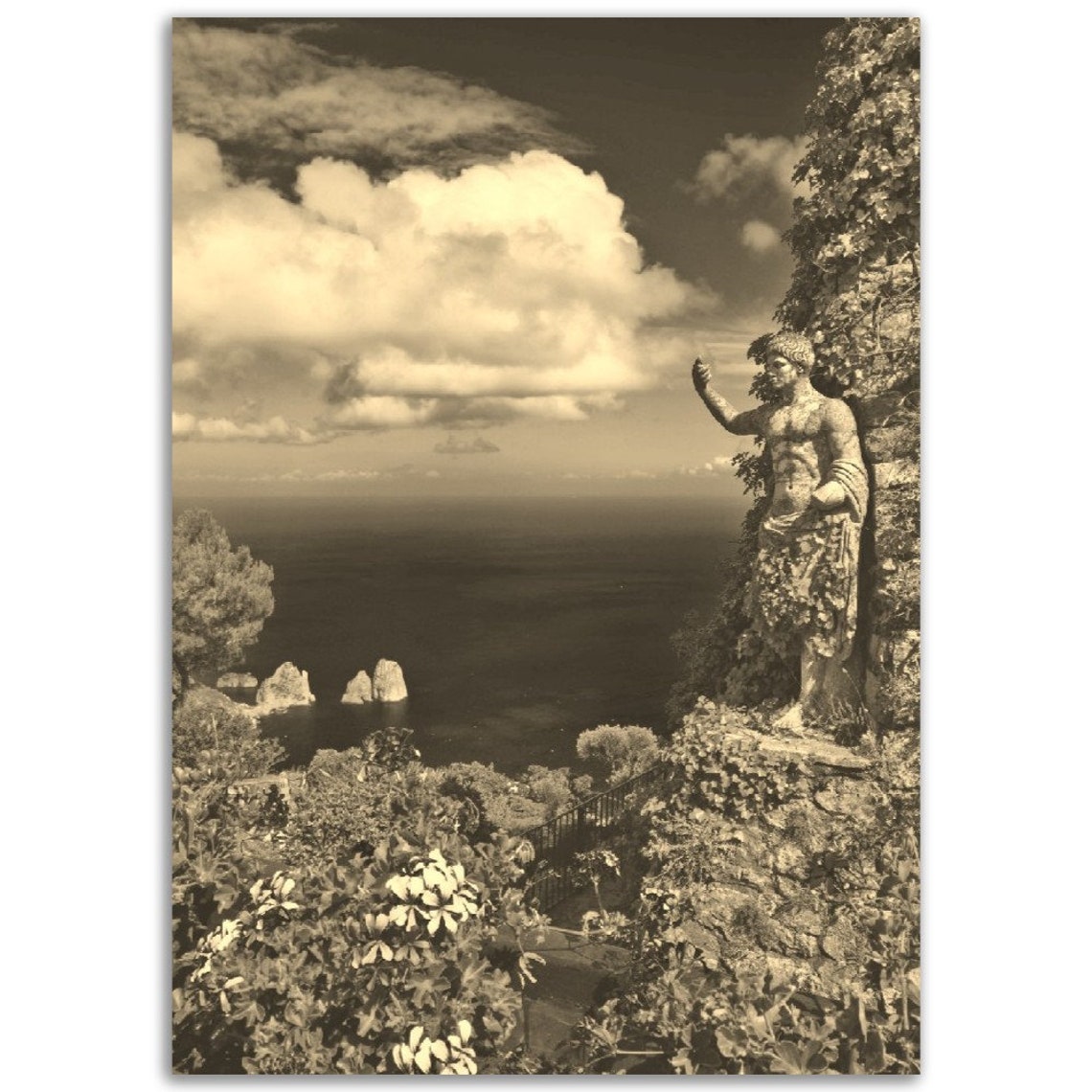 Vintage Capri Italy Faraglioni Rocks Sepia Coastal Photo Poster