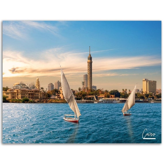 Cairo Egypt Poster Nile River Boats Africa Travel Photography