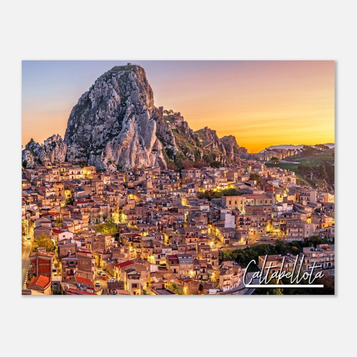 Caltabellotta Sicily Historic Mountain Town Sunset Italy Travel Poster