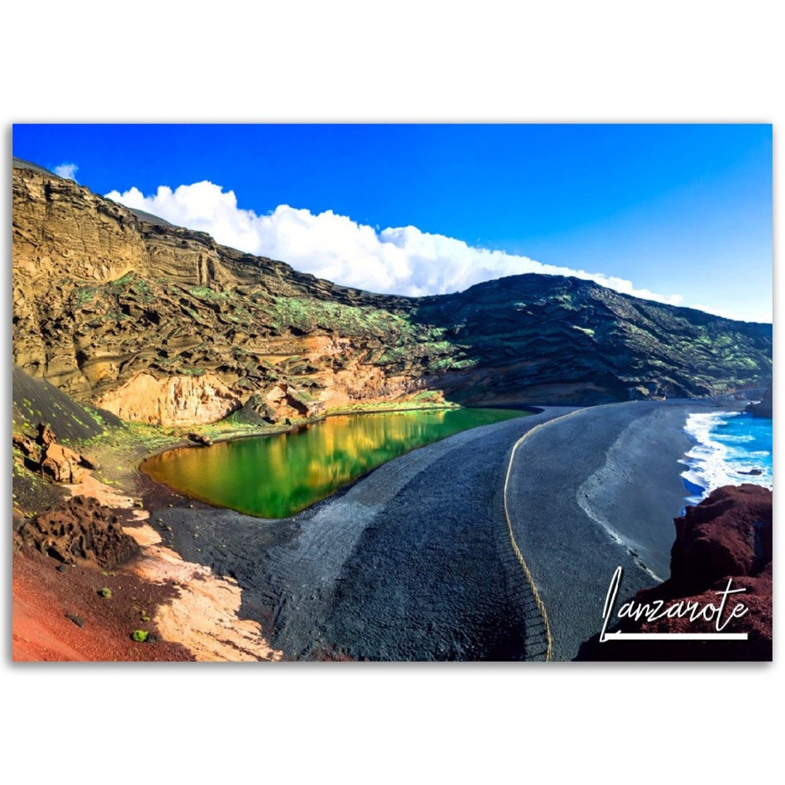 Lanzarote Canary Islands Green Lake Black Sand Beach Travel Poster