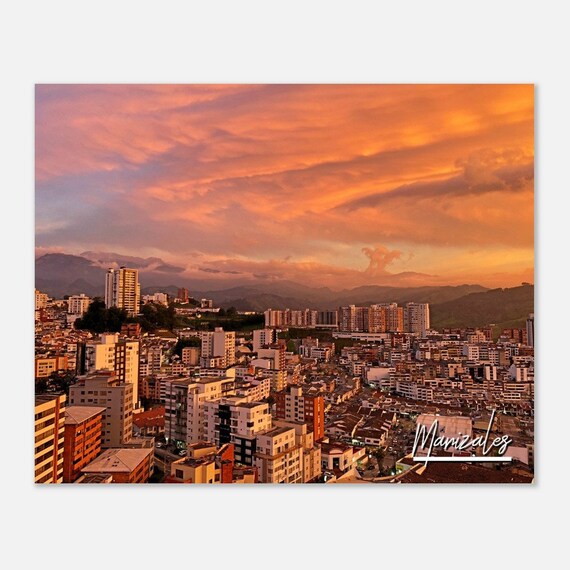 Manizales Colombia Fiery Sunset Skyline Mountain Cityscape Photo Poster