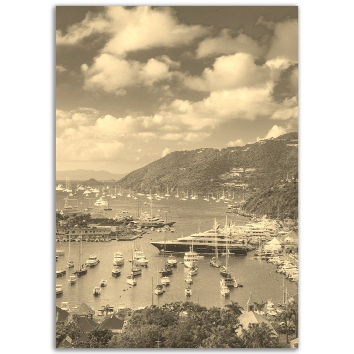 Vintage Sepia Tropical Harbor Yachts Sailboats Cloudy Sky Poster
