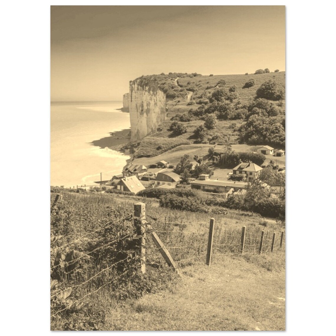 Normandy France Sepia White Cliffs Coast Village Seaside Poster