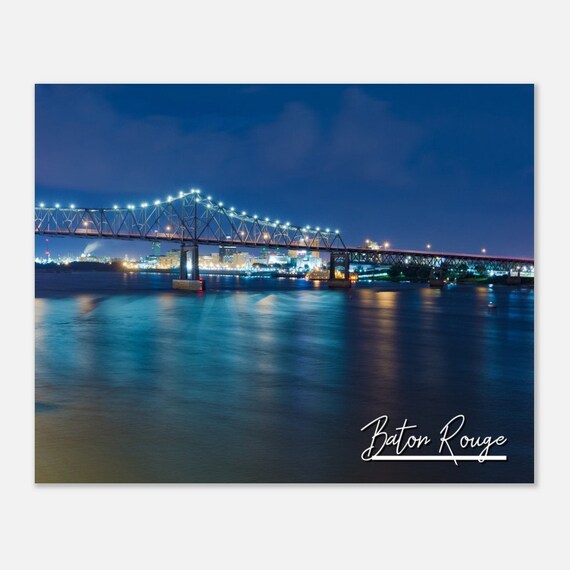 Baton Rouge Louisiana Bridge Evening City Skyline Travel Poster