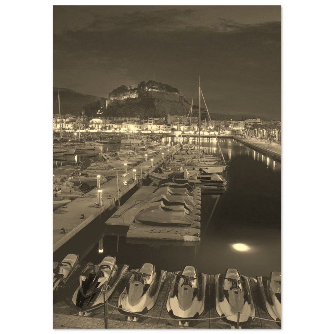 Denia Spain Night Marina Sepia Boats Castle Hill Coastal Wall Art