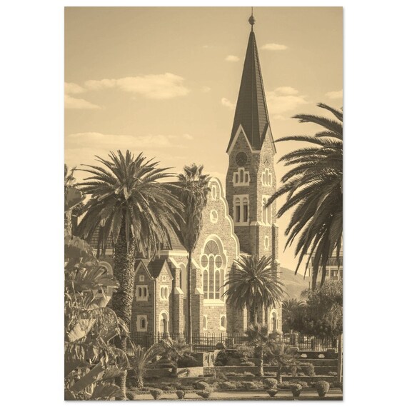 Windhoek Cathedral Namibia Church Sepia Vintage Travel Poster