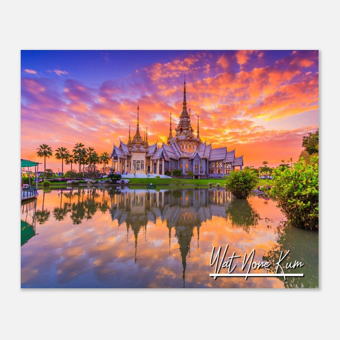Wat None Kum Thailand Temple Sunset Lake Reflection Travel Photo Print