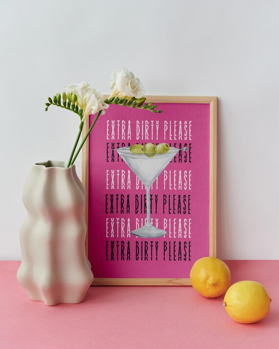 Pink Extra Dirty Please Print Retro Coctail Wall Art Poster Bar Cart Dopamine Decor Modern Kitchen
