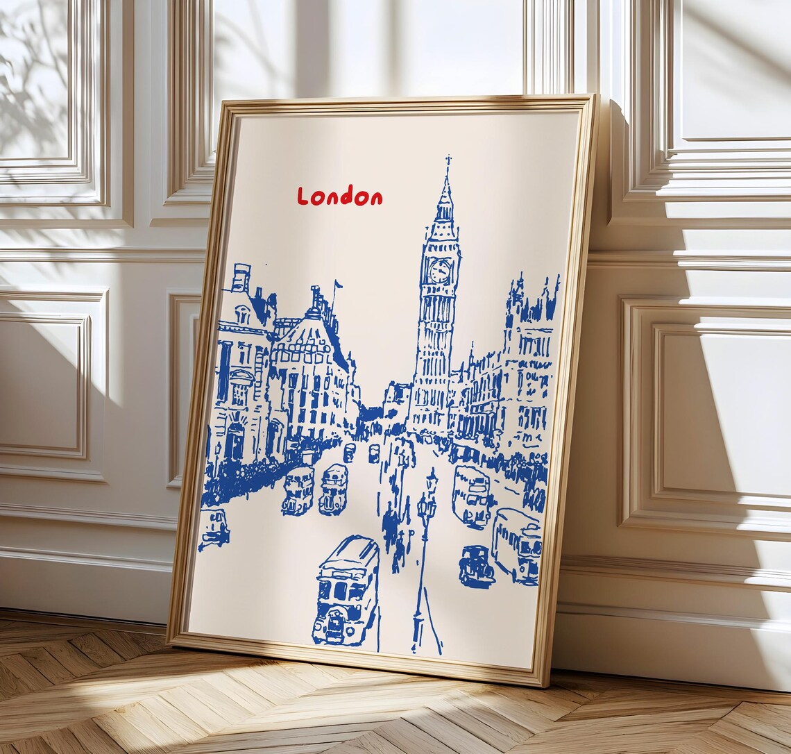 London Big Ben Blue Ink Street Sketch England Travel Gift Poster