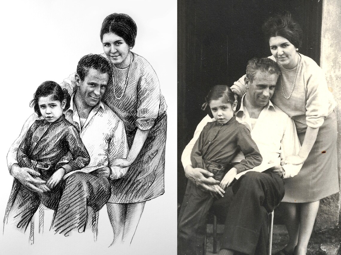 Family of Three Parents with Daughter Custom Pencil Sketch Poster - Image 4
