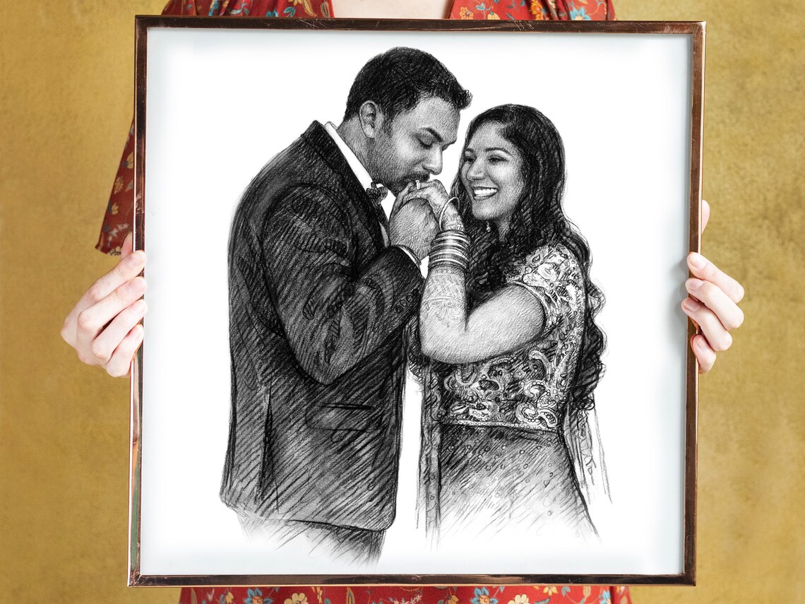 Indian Groom Kissing Bride Hand Wedding Charcoal Portrait Poster
