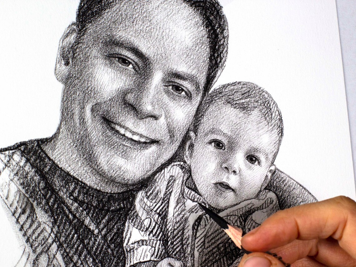Long-Haired Dad Holding Swaddled Newborn Tender Pencil Sketch Poster - Image 2
