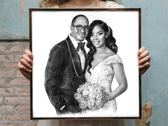 Black Wedding Couple Charcoal Drawing Formal Bride Groom Custom Portrait Wall Art