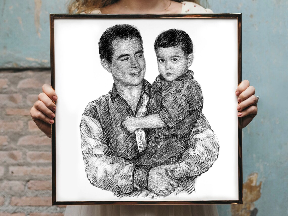 Father Holding Young Son Charcoal Sketch Dad and Boy Portrait Poster