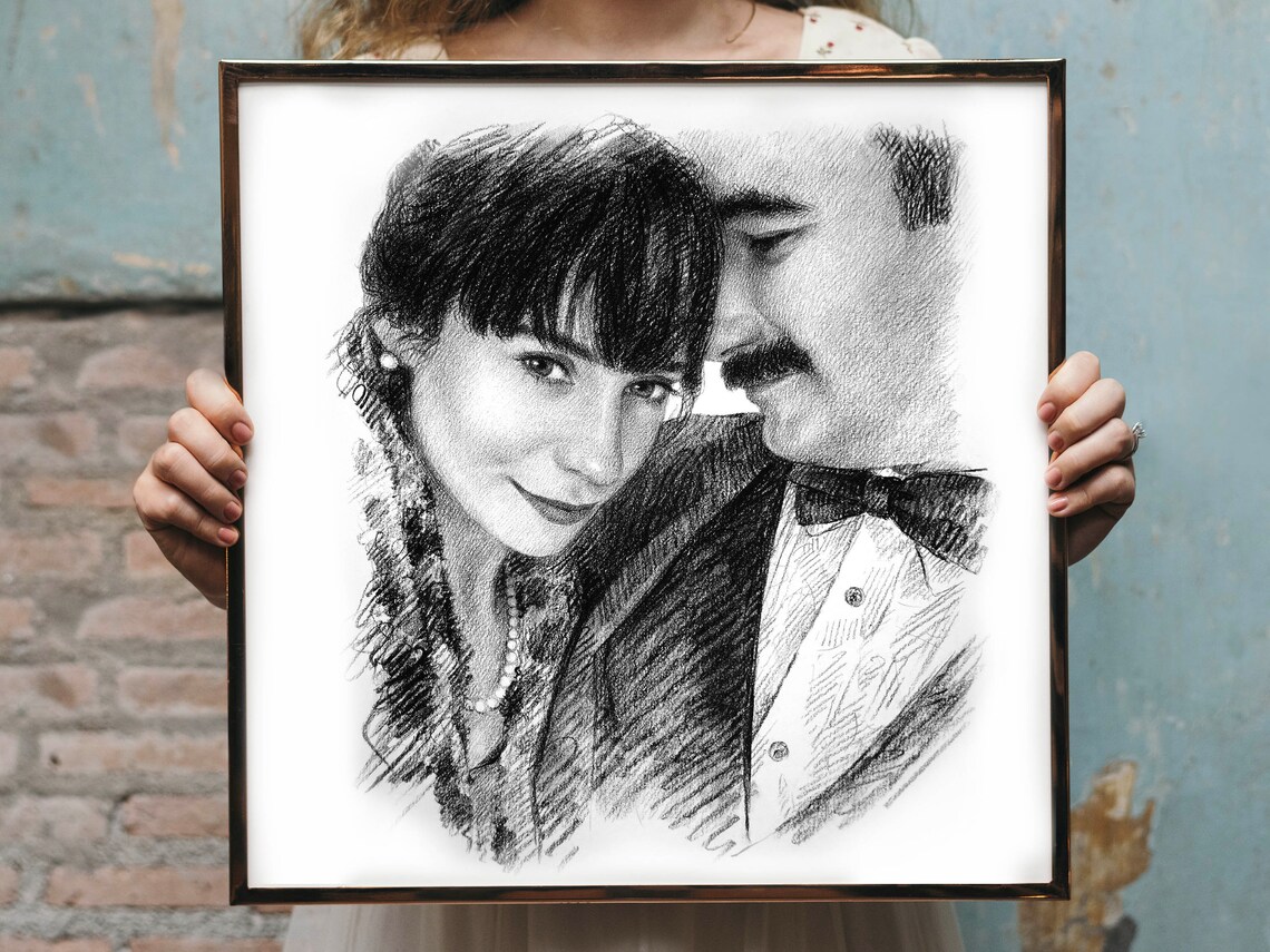 Romantic Wedding Kiss Custom Hand-Drawn Pencil Portrait Art Print - Image 6