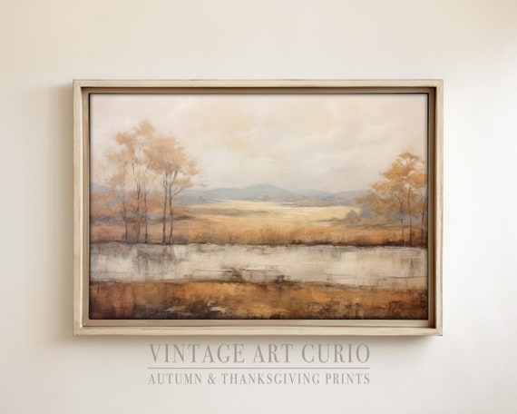 Warm Autumn Landscape Painting Vintage Rustic Fall Art Print Country Decor