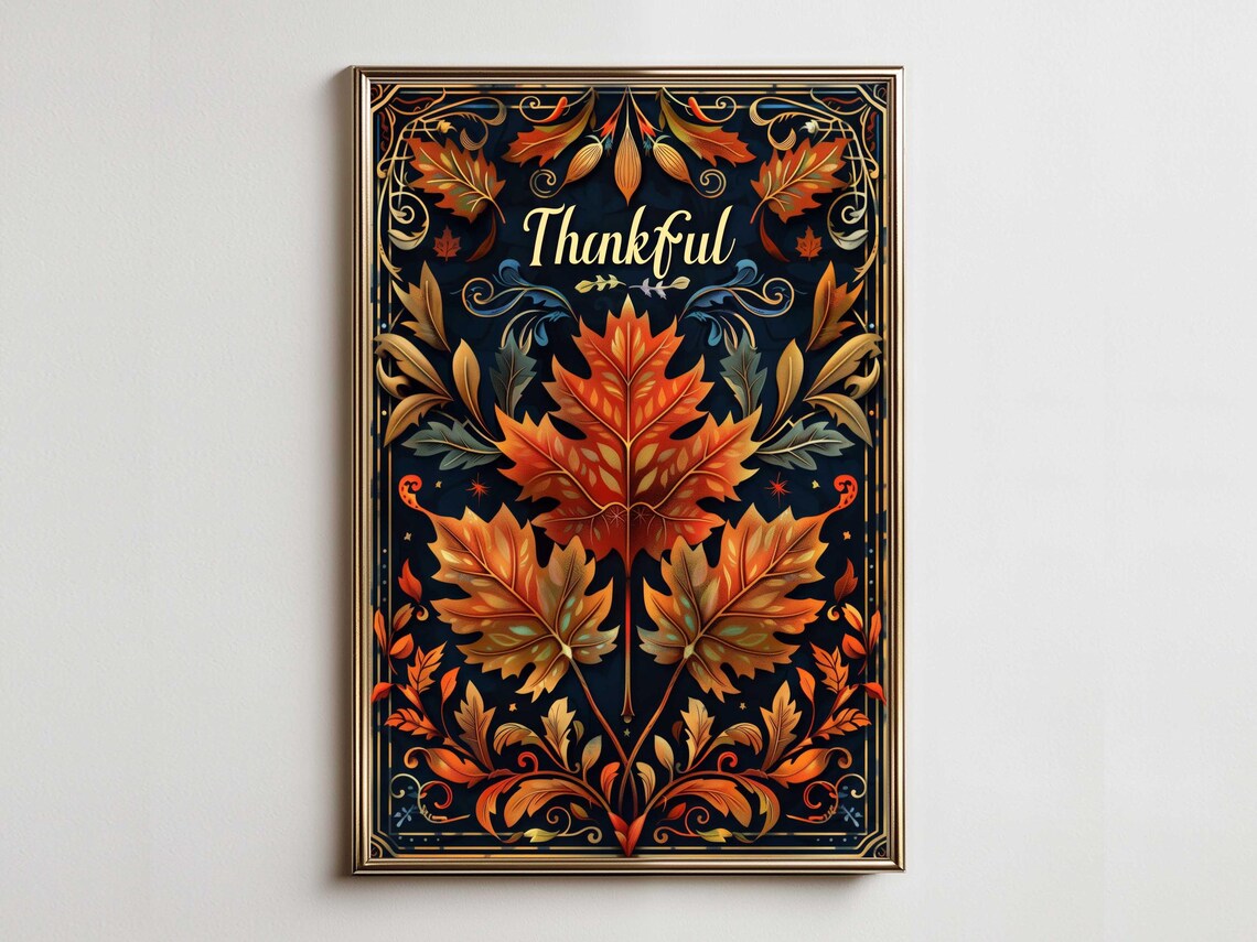 Thankful Autumn Maple Leaves Gold Ornate Thanksgiving Poster